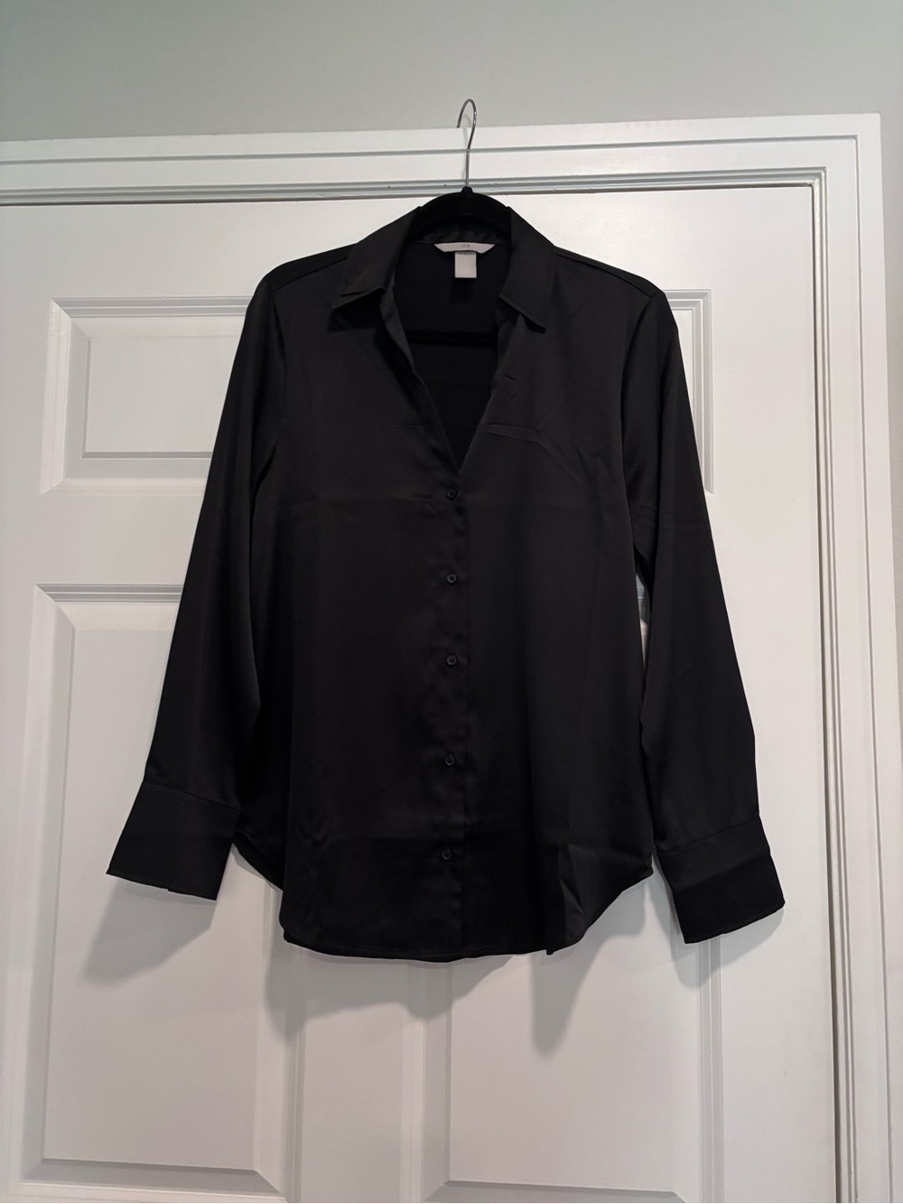 Classic Satin Black Button-Up Blouse